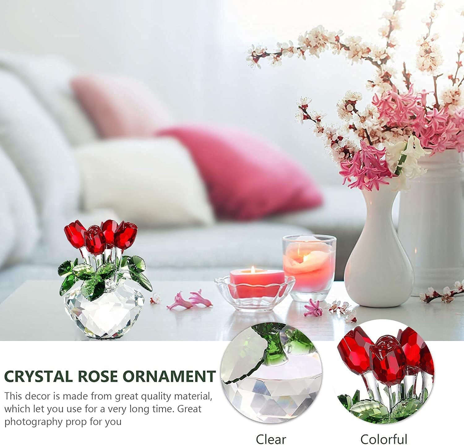 Red Rose Figurine Ornament Spring Bouquet Crystal Glass Car Decoration Valentines Day Gift
