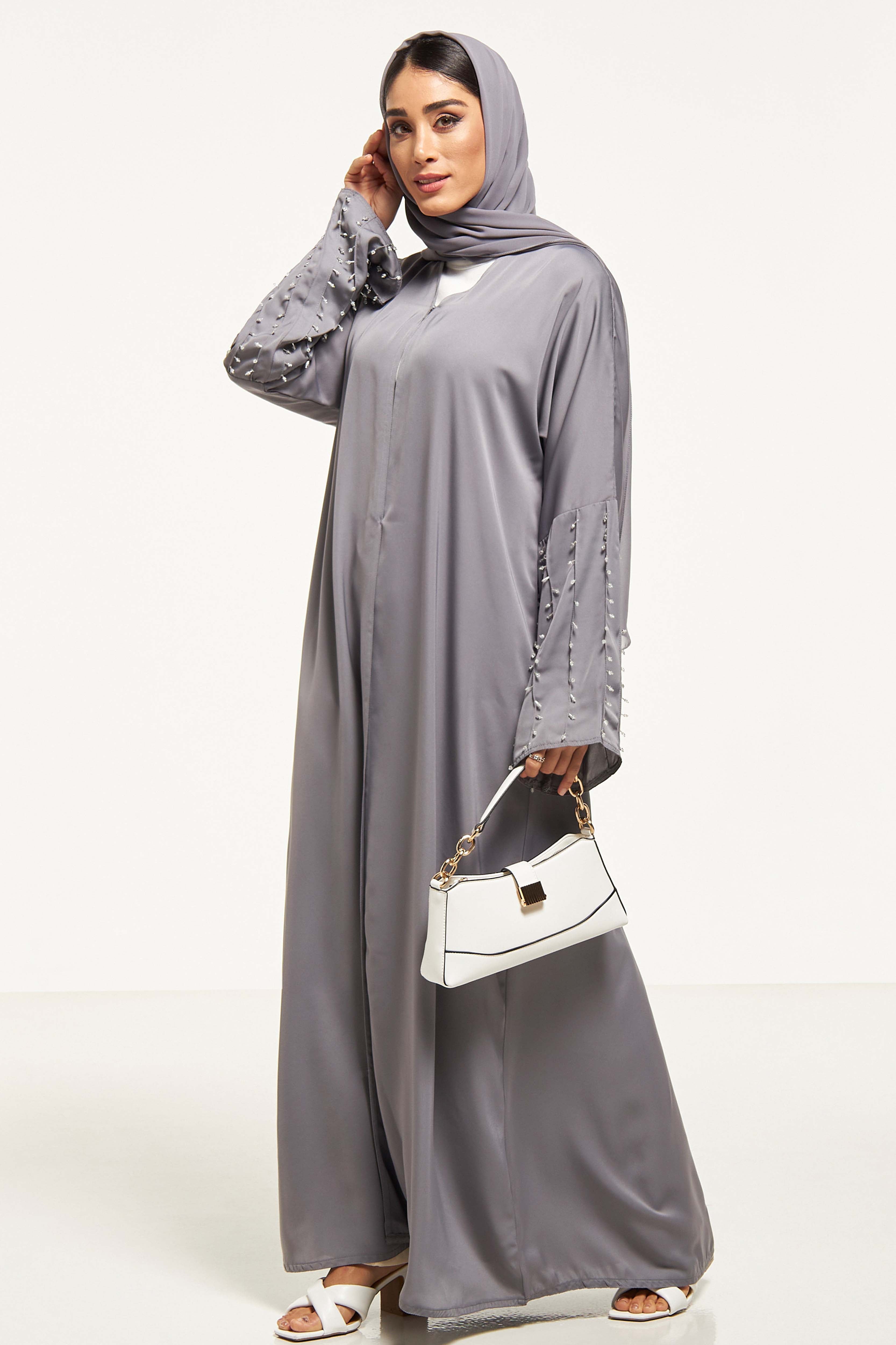 MOiSTREET Embellished Abaya with Sheila and Pleat Detail
