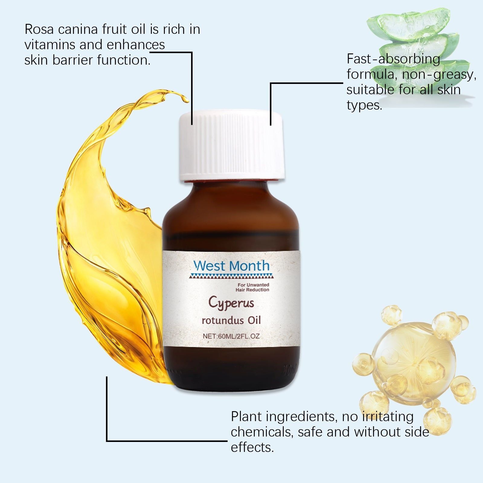 Cyperi Rhizoma Hair Removal Oil, Natural Body Care, Soothes Skin, Nourishes, Reduces Irritation ,60ml
