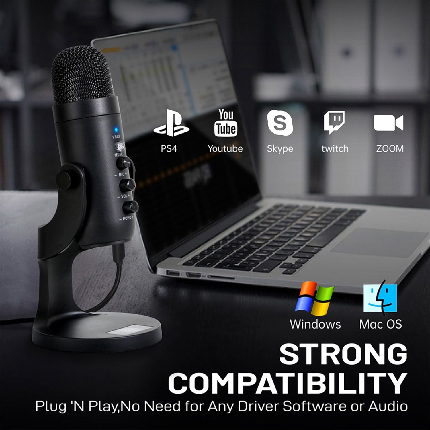 Condenser Microphone USB Gaming Microphone Noise Canceling Mic For PC Streaming