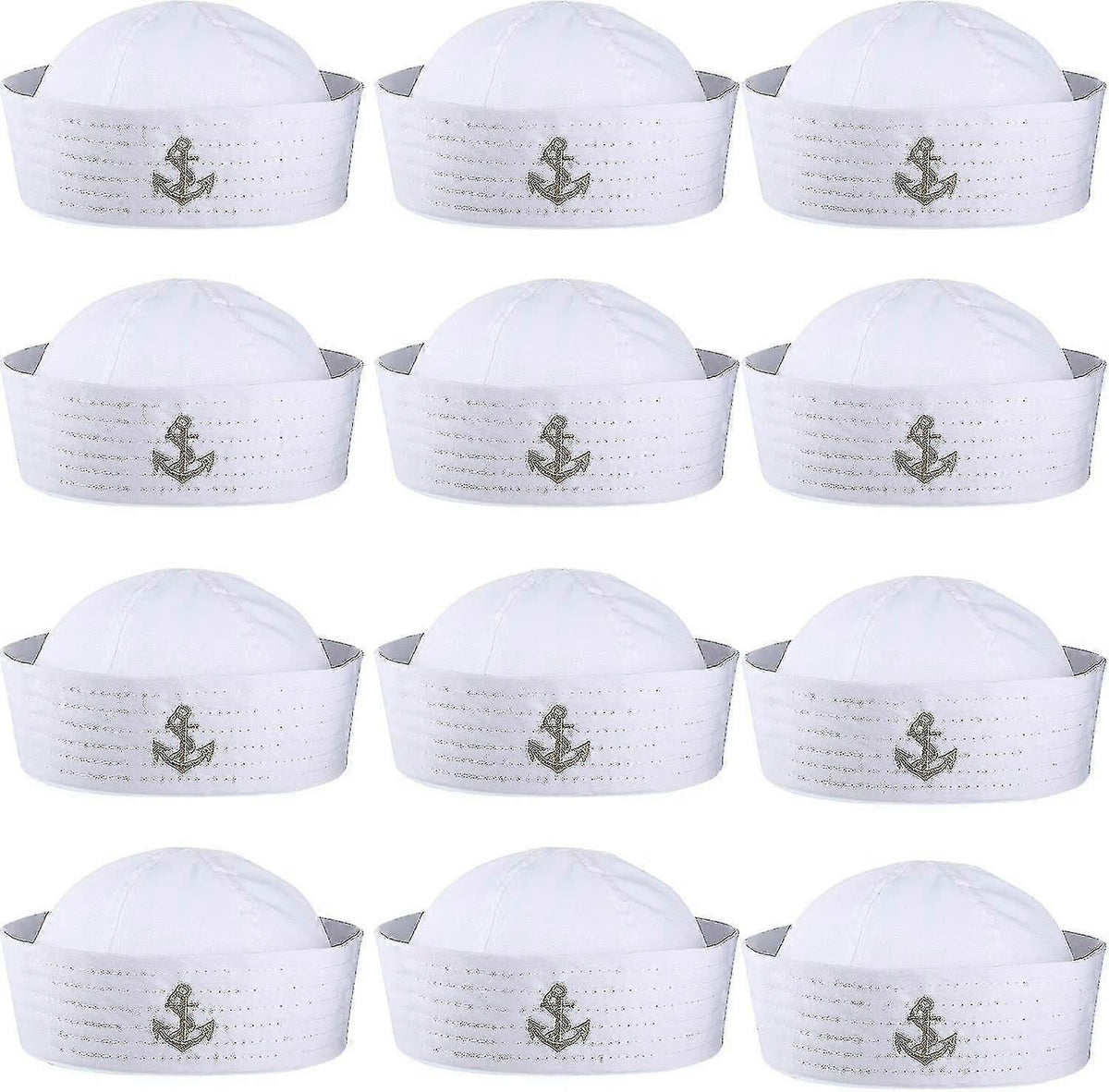 12 Pack White Sailor Hat Set With Gold Embroidery for Costume Parties