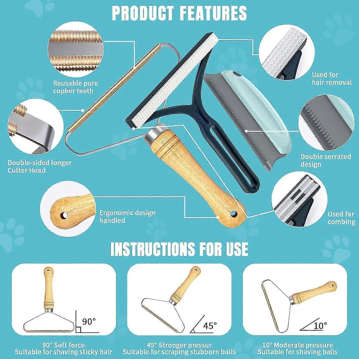 4-Piece Pet Hair Remover Kit with Wood Handle Brush & Silicone Gloves for Furniture Car Upholstery & Clothing