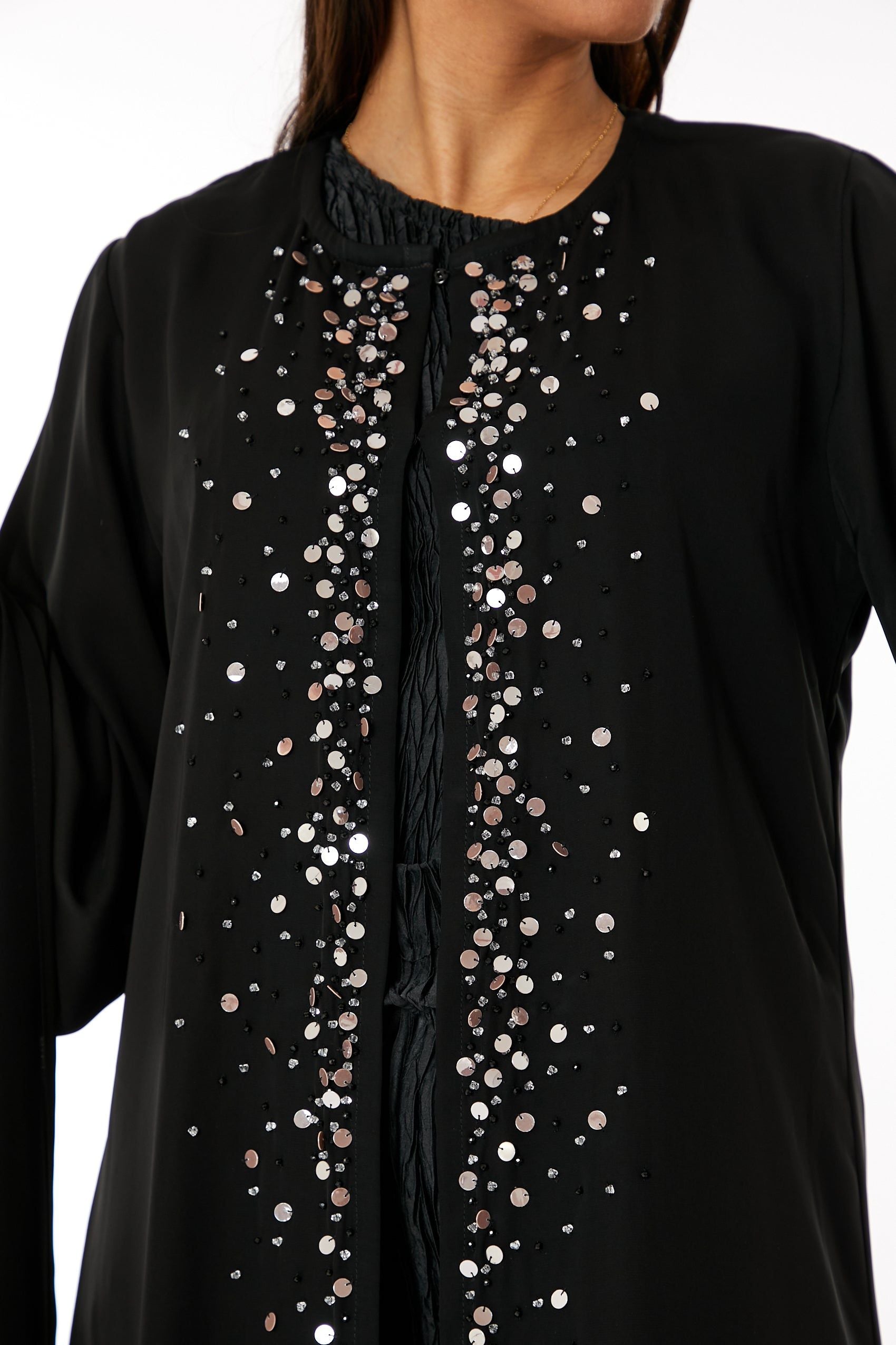 MOiSTREET Black Round Neck Nida  Split Cuffs Embroidered Abaya