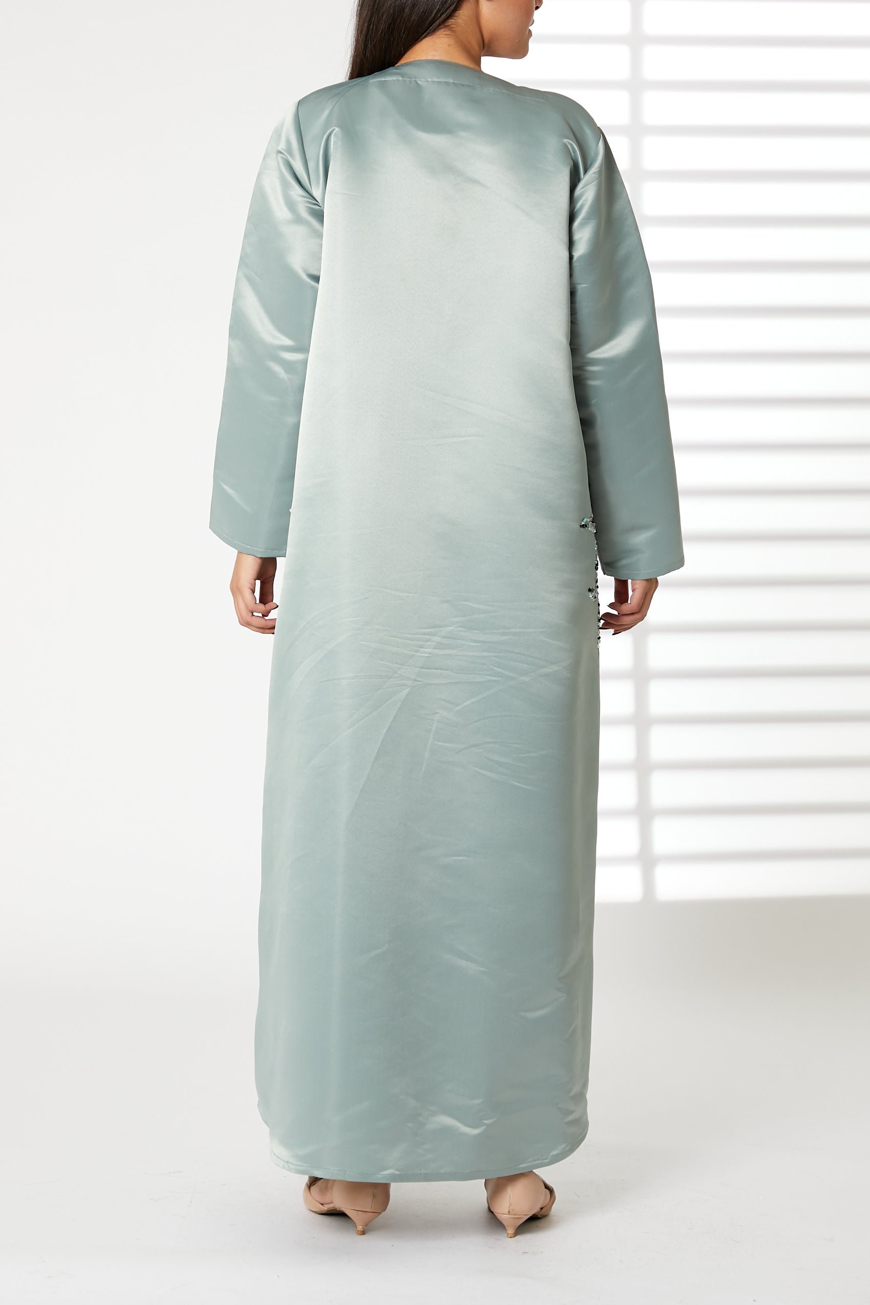 MOiSTREET Greenish Cyan Bridal Satin Embroidered Abaya