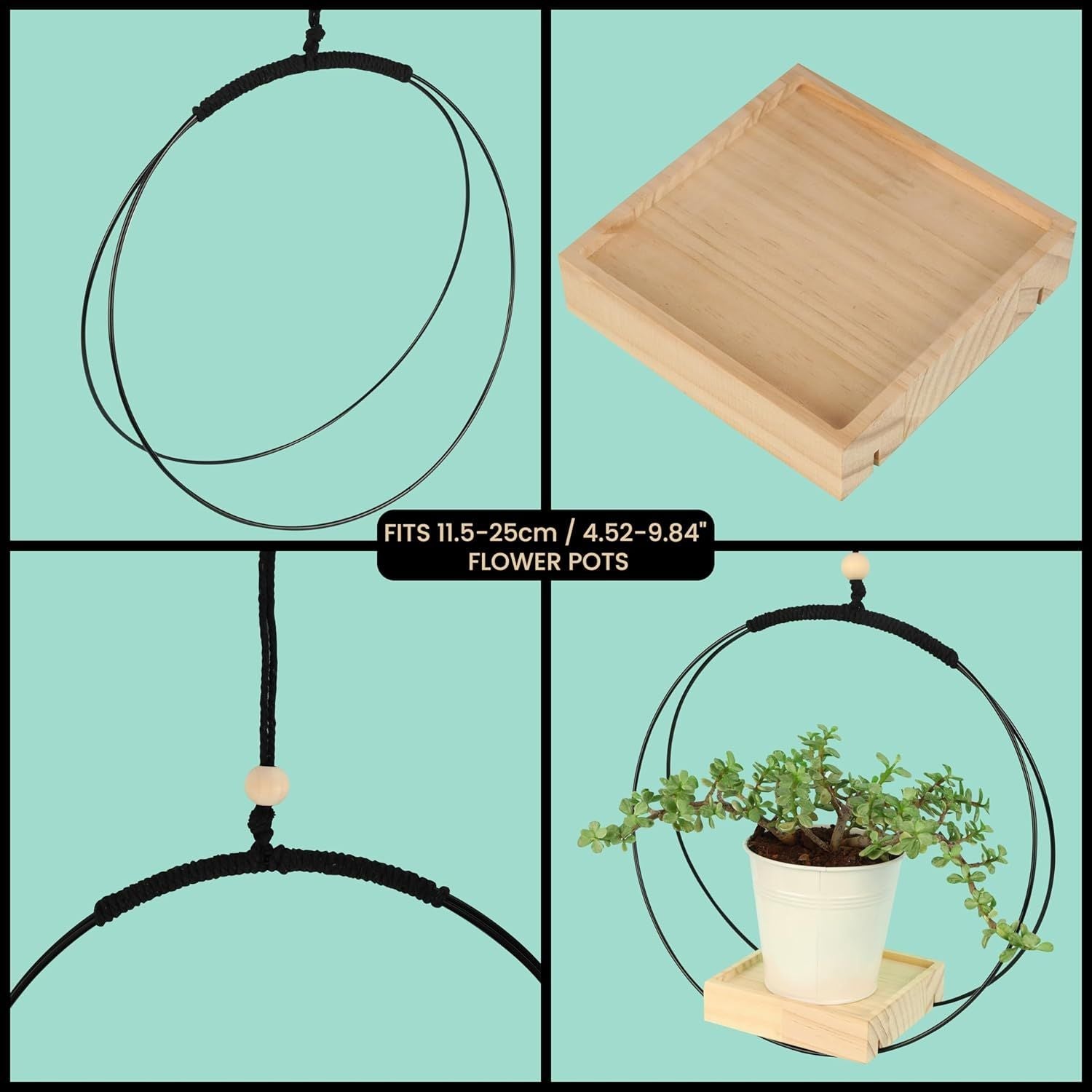 Macrame Plant Hanger with Wooden Base Flower Pot Planter Basket Holder