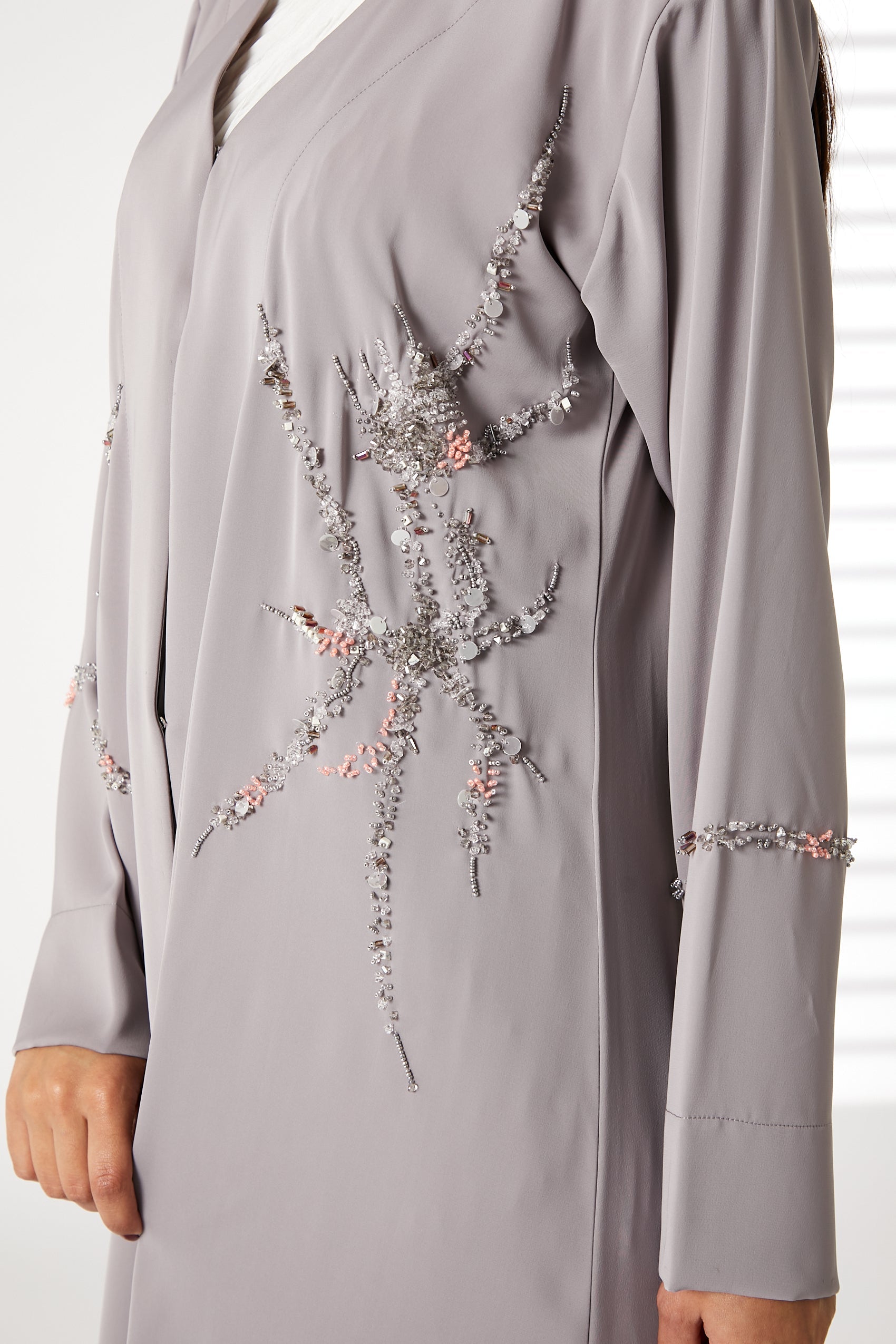 MOiSTREET Grey Nida Embroidered V-Neck Open Abaya