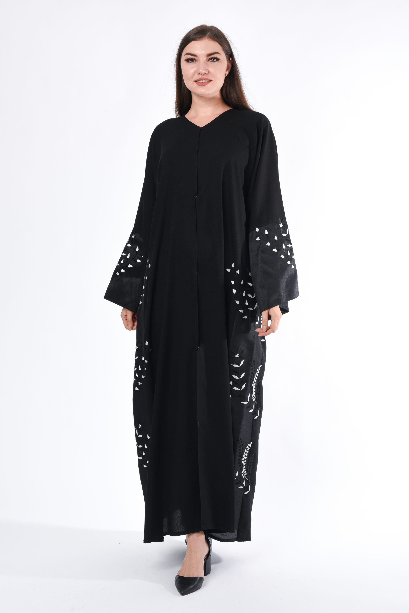 MOiSTREET Black Abaya with Leaves Embroidery