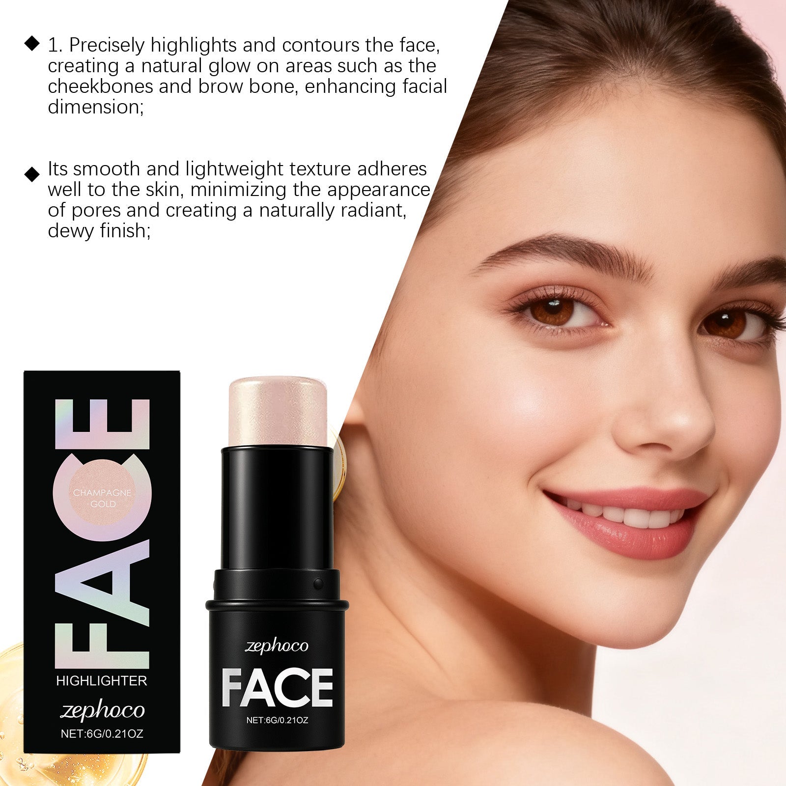 Champagne Gold Highlight Stick, Long-Lasting, Hydrating, Natural Glow, Easy Touch-Up ,6g