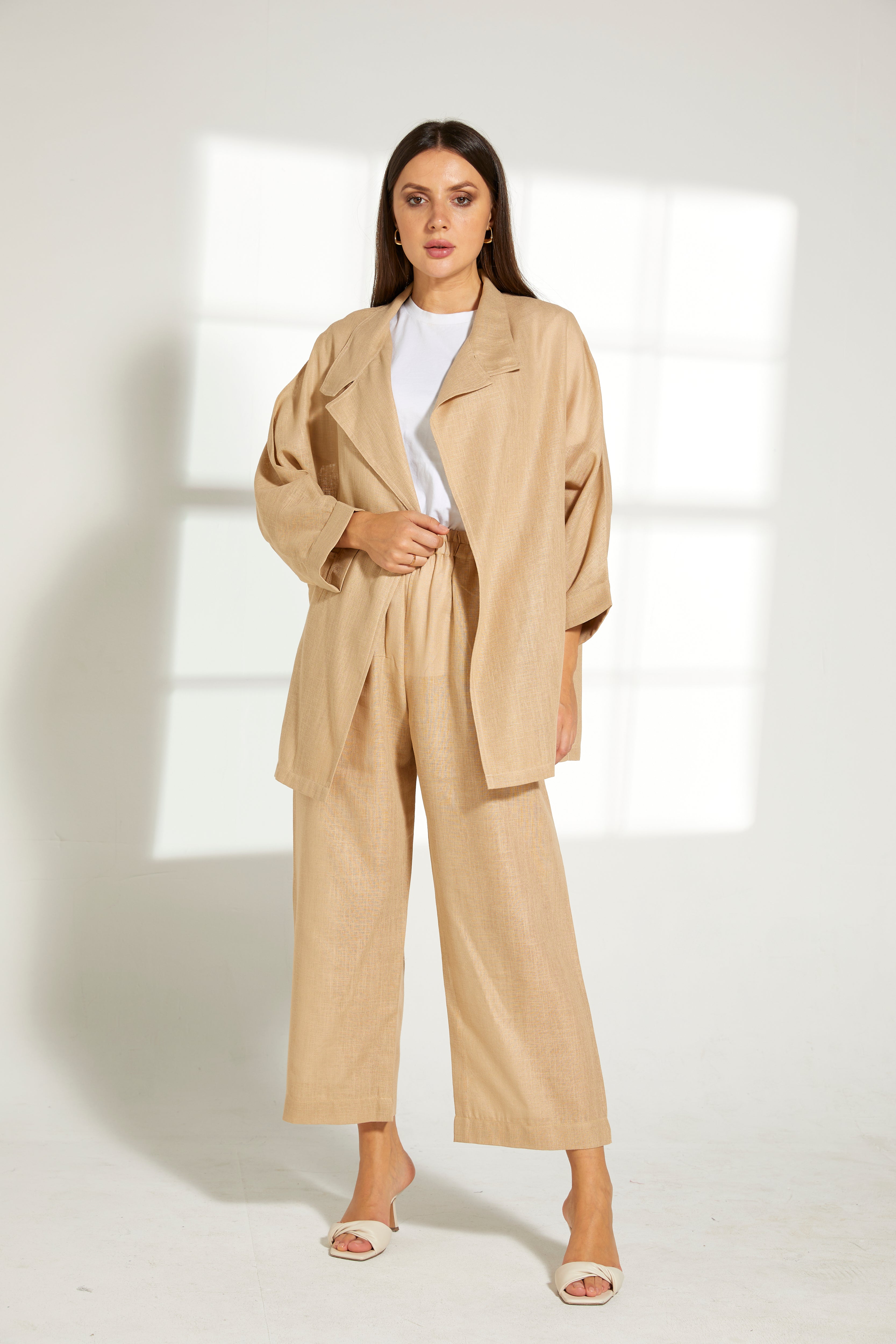 MOiSTREET Tan Linen Fabric Top and Pants Set