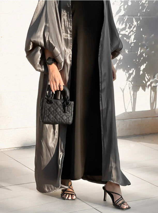 MOiSTREET Rotana Shimmer Grey Abaya Set With Under Dress & Sheila