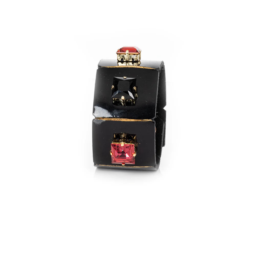 The Dark Black Leather Crystal Cuff Bracelet with Red & Black Square Stones