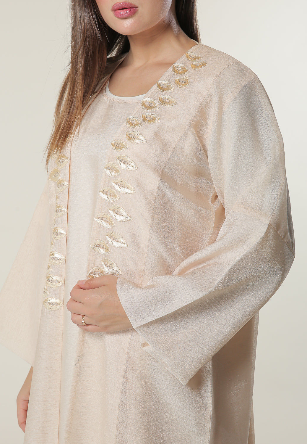 MOiSTREET Handwork Embellished Peach Organza Abaya with Inner