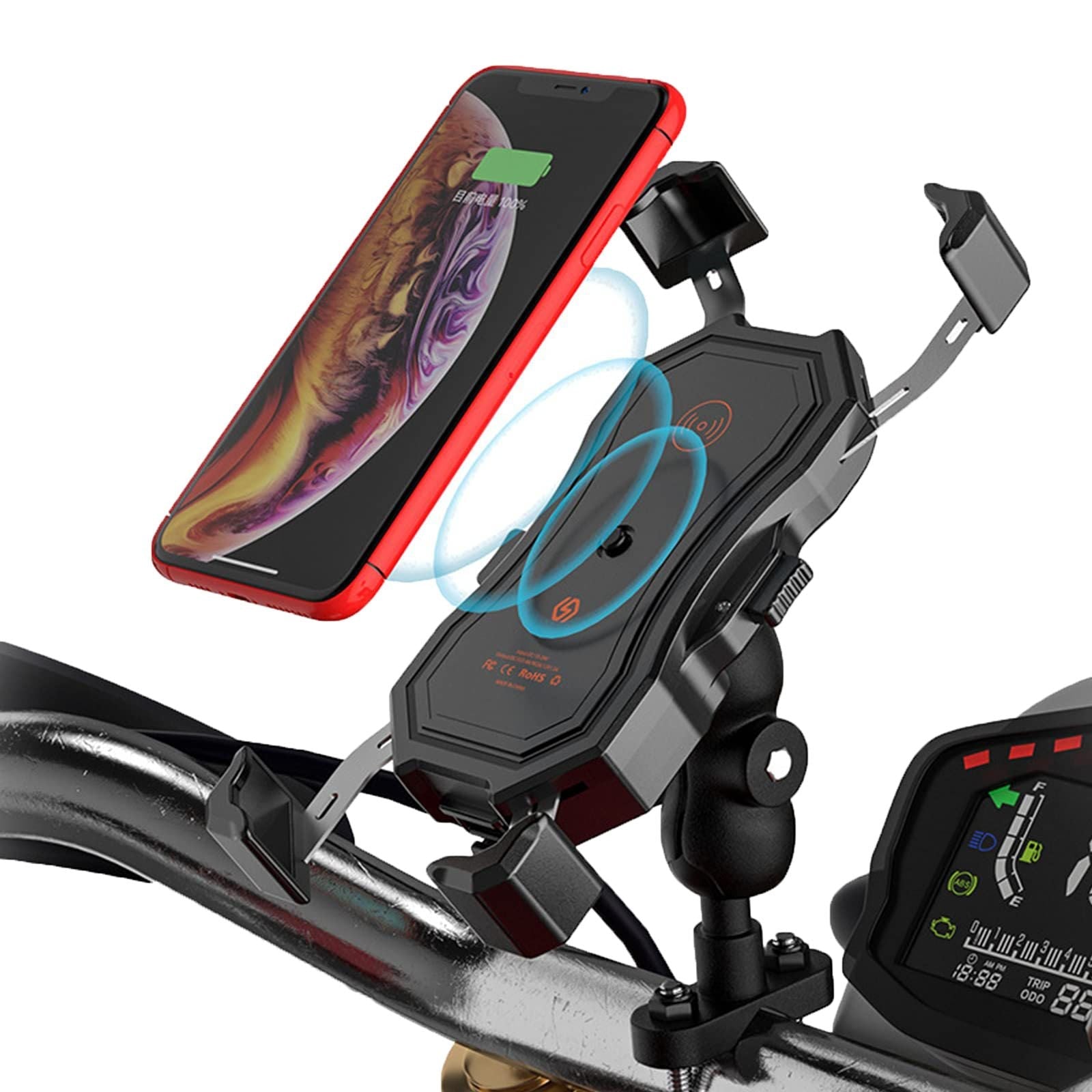 Motorcycle Phone Holder Wireless Quick Charger 360 Rotation Waterproof Mount