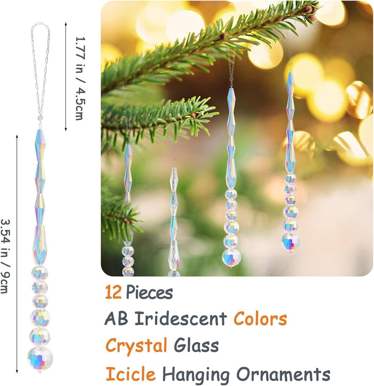 12 Pcs Christmas Tree Ornaments Crystal Icicle Glass Beads Hanging Pendants