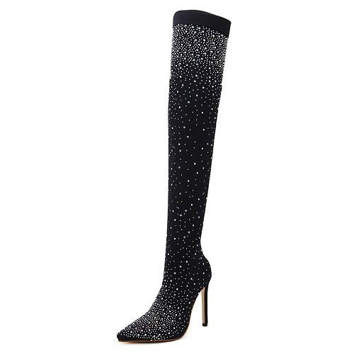 Crystal Fabric Over-the-Knee Pointed Toe 11cm Heel Boots for Women