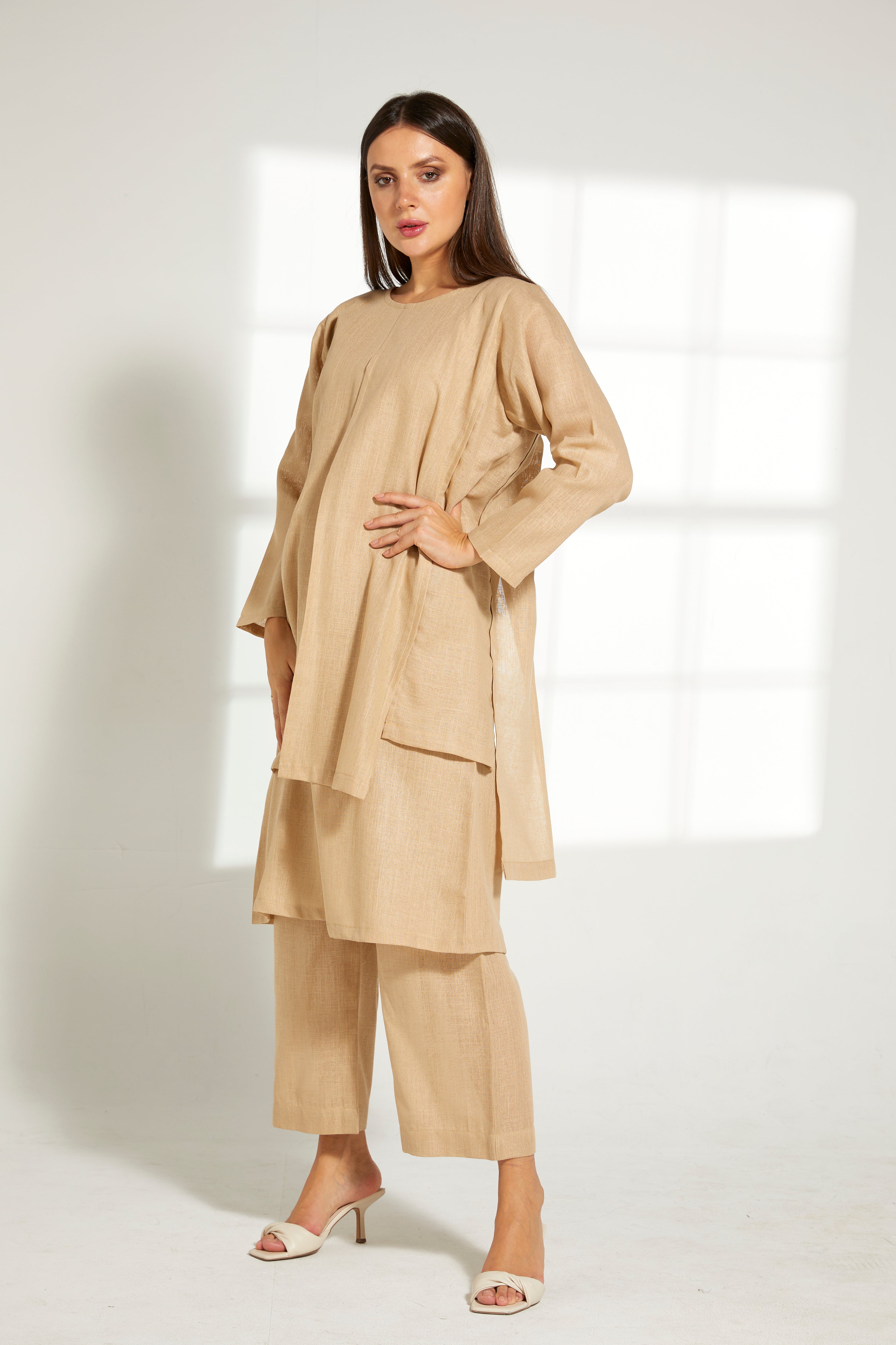 MOiSTREET Tan Linen Fabric Top and Pants Set