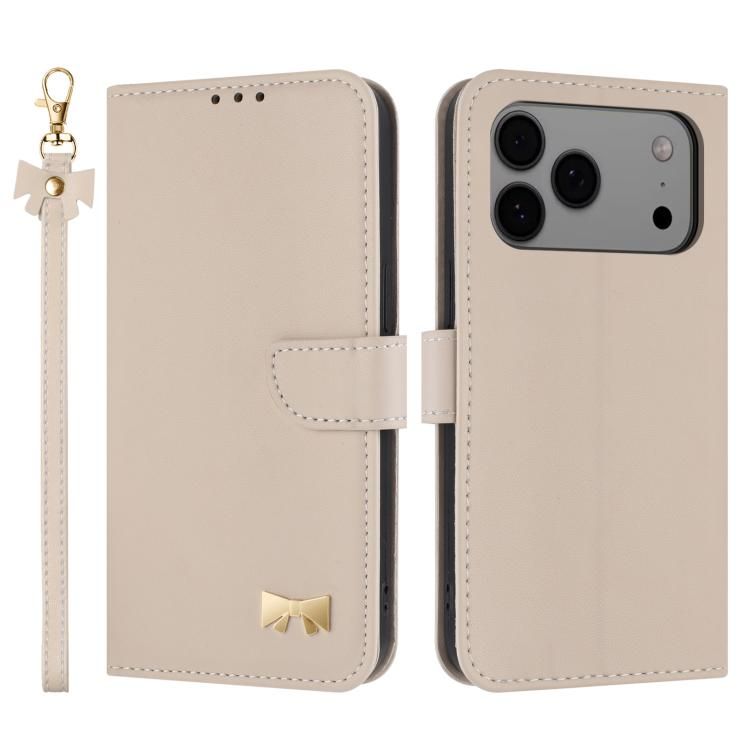For iPhone 18 Pro Max / iPhone 17 Pro Max Metal Bow Leather Phone Case with Hand Strap