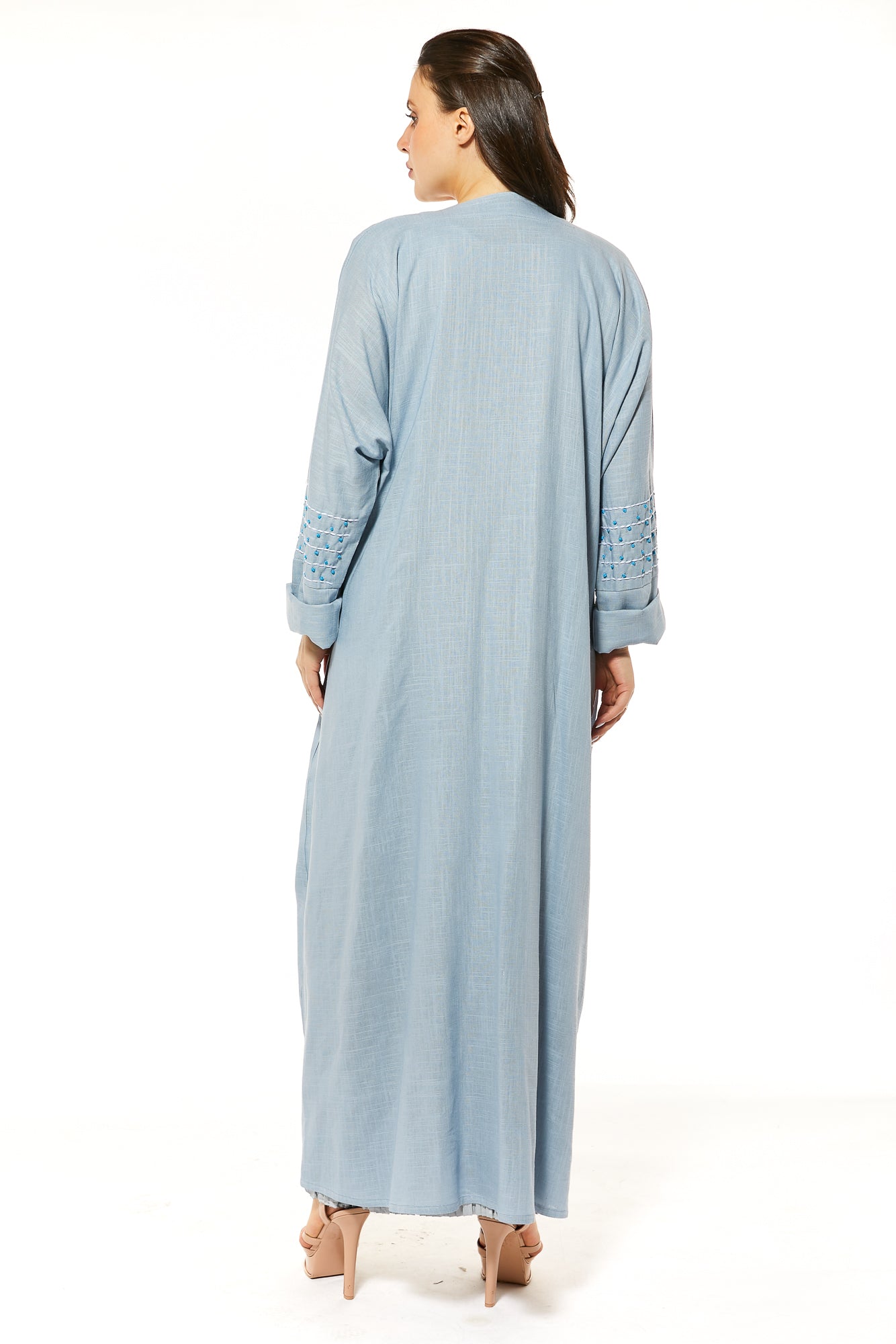 MOiSTREET Blue Linen Abaya with Threadwork