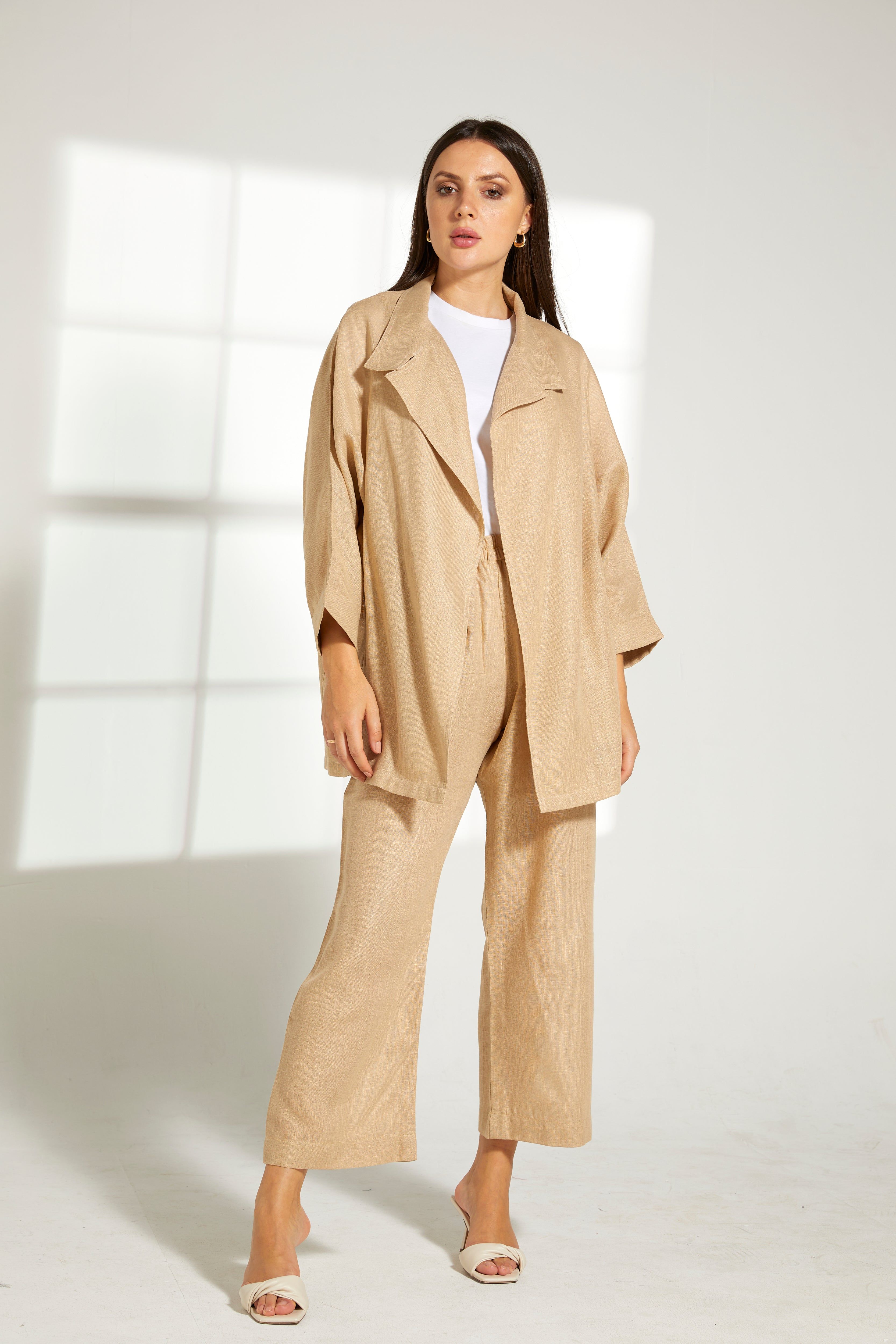 MOiSTREET Tan Linen Fabric Top and Pants Set