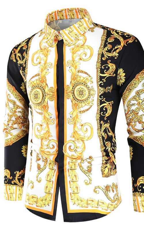 Men Royal Shirt Print Lapel Luxury Slim Shirt Business Long Sleeve Fit Tops For Party Prom