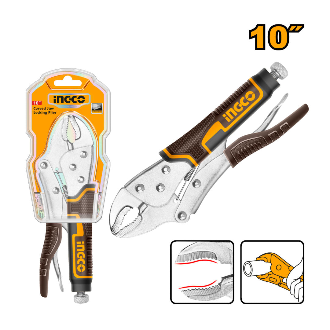 INGCO Curved Jaw Locking Plier, Nickel Plated, 10", 0-5mm
