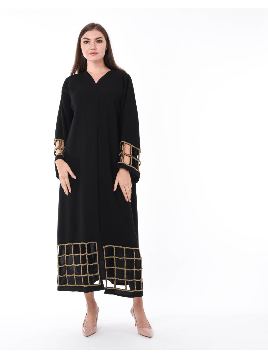 MOiSTREET Black Exotic Laser Cut Abaya with Hand Embroidery