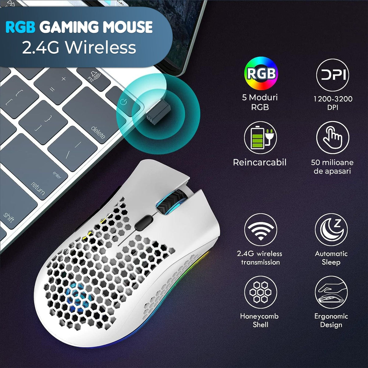 Wireless Gaming Mouse Honeycomb Design Rechargeable RGB Backlight Computer Mouse
