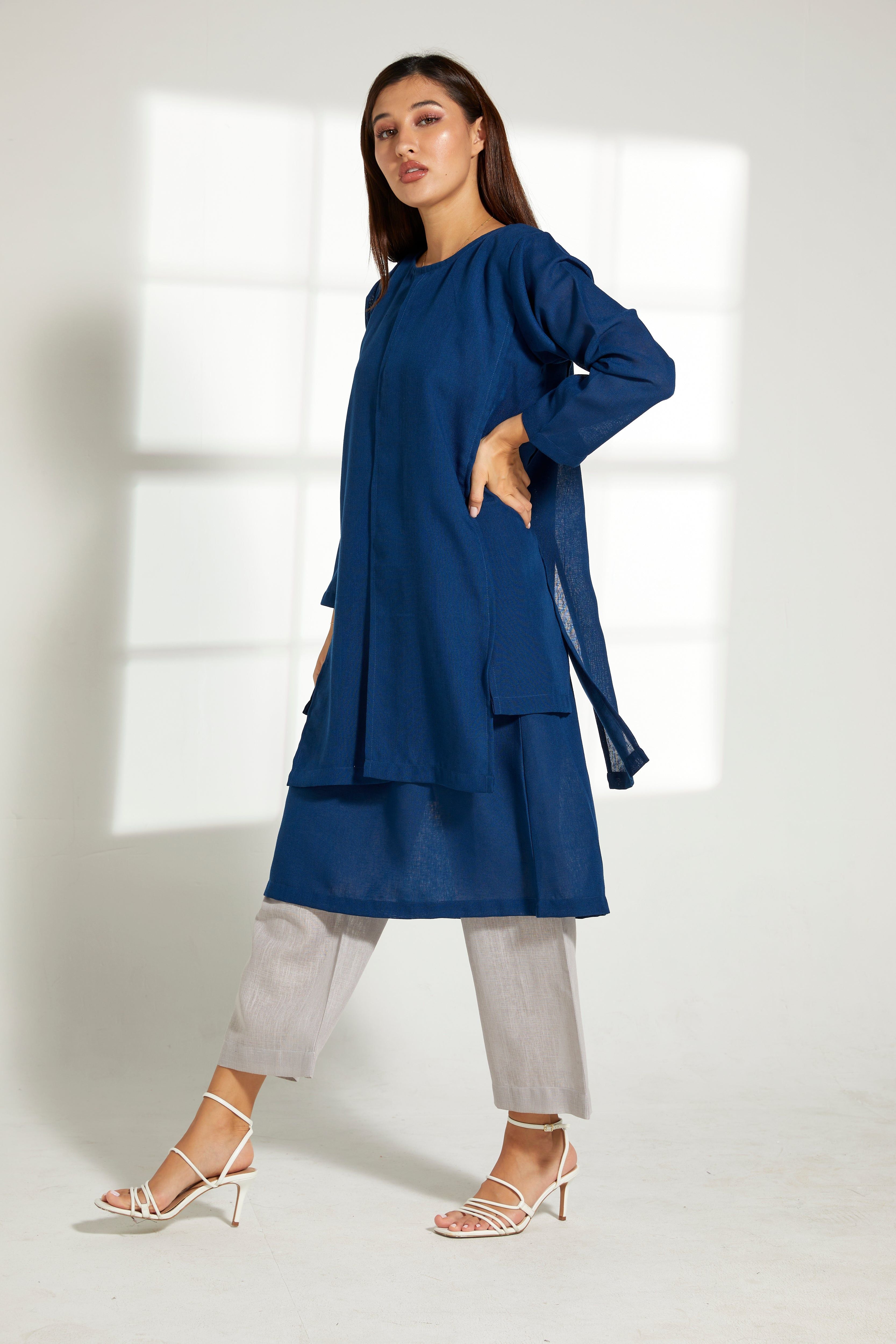 MOiSTREET Blue Linen Top and Grey Pants Set