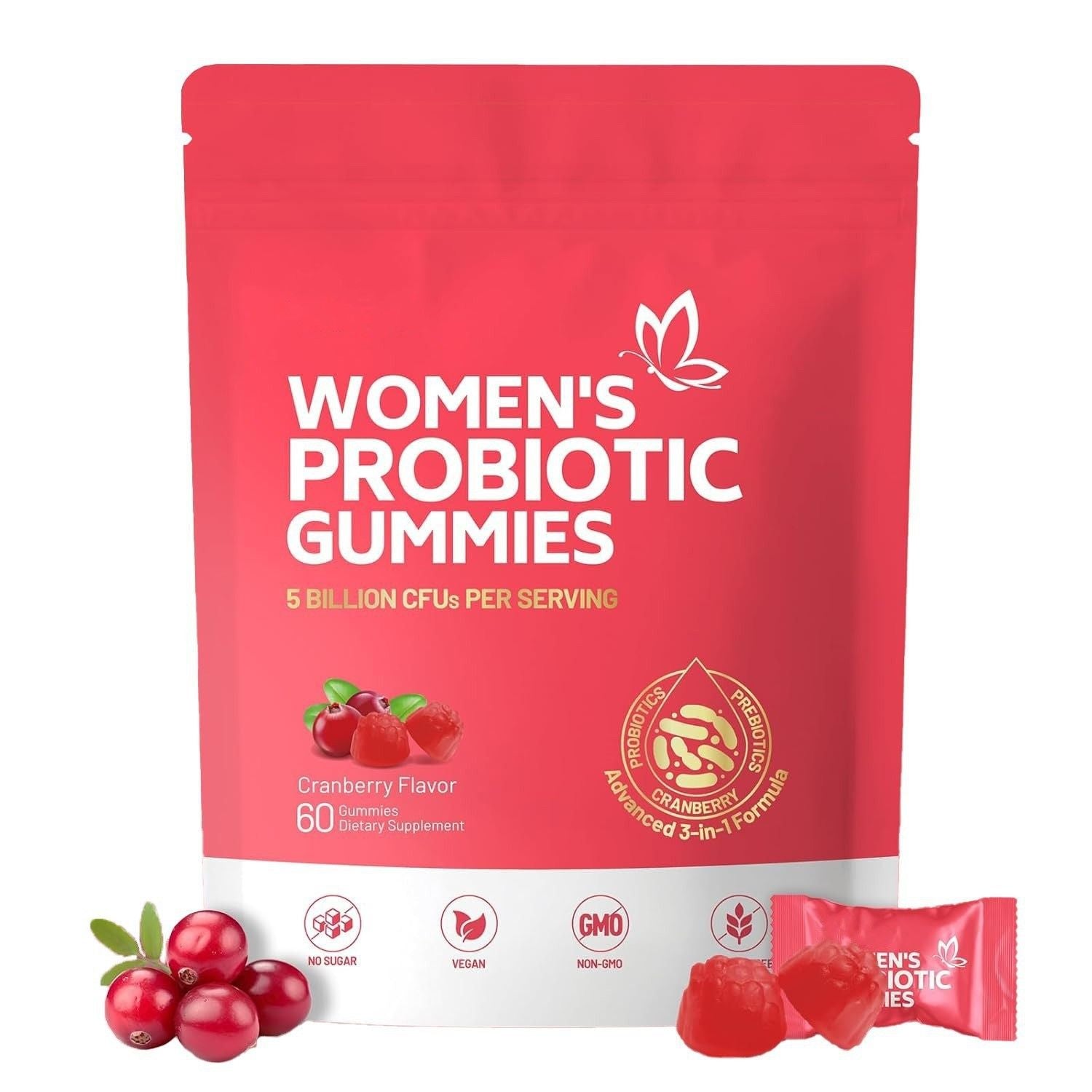 Women's Probiotic Gummies, Cranberry Flavor, 5 Billion CFUs Per Serving, 60 Gummies, Vegan, No Sugar, Non‑GMO Dietary Supplement