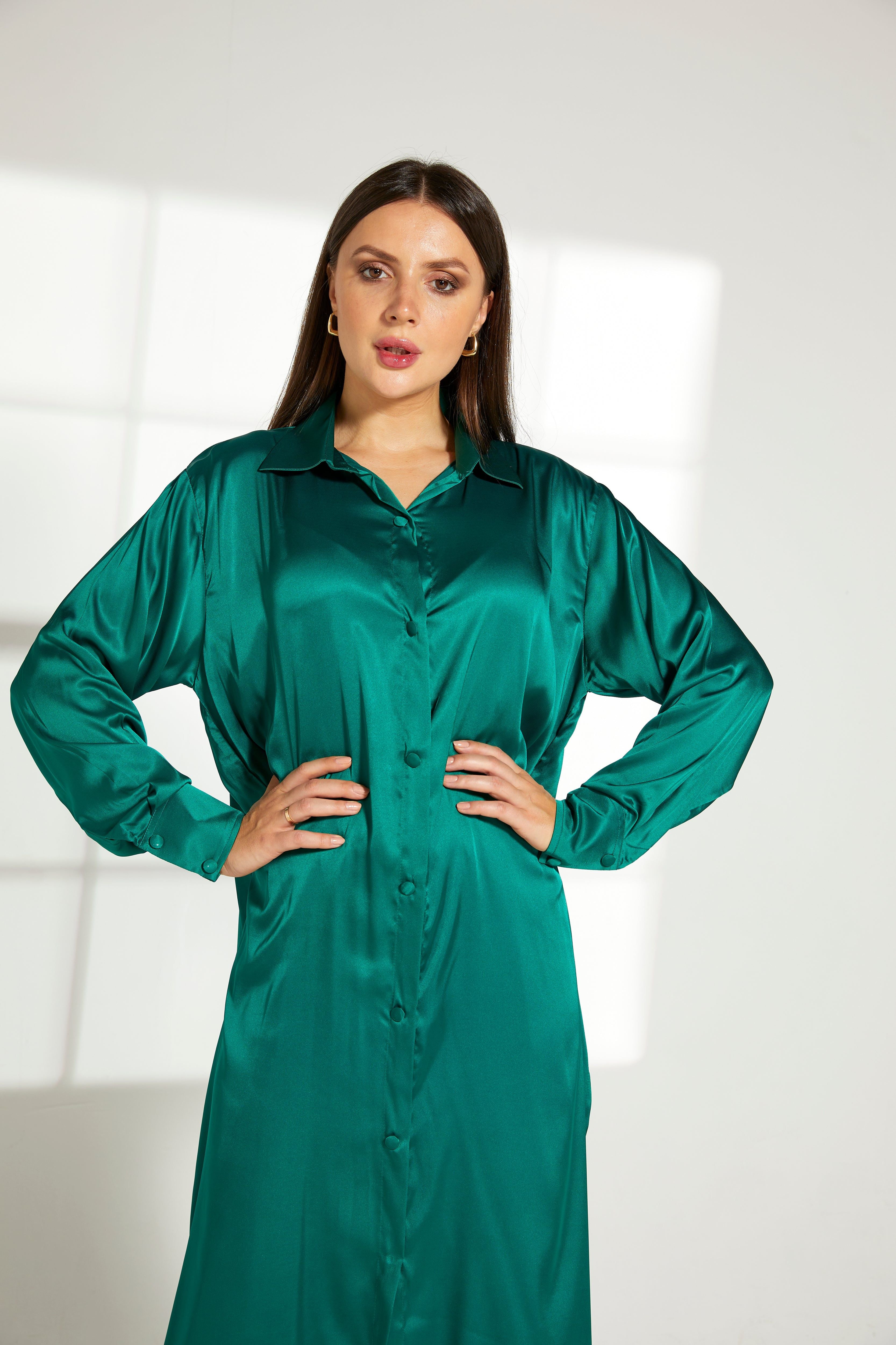 MOiSTREET Green Silk Fabric Top and Pants Set