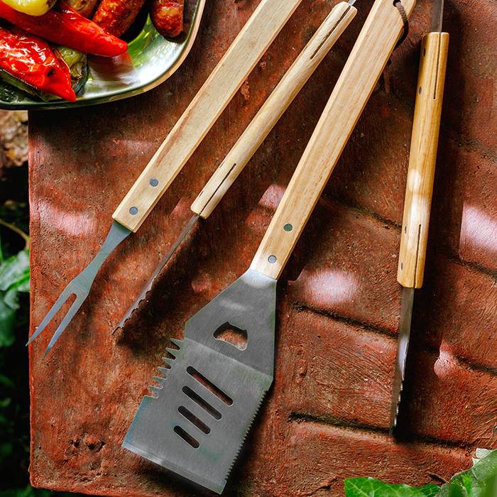 NAVA BBQ Guru 3-Piece Grilling Tool Set, Stainless Steel Tongs, Spatula & Fork