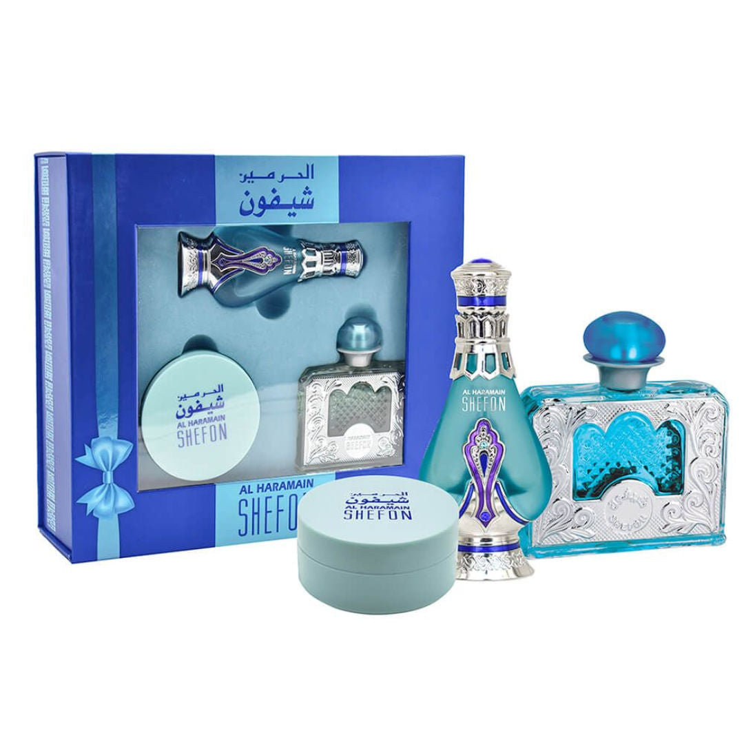 مجموعة هدايا الحرمين شيفون (بخور الحرمين 40 جرام، زيت عطر مركّز 20 مل، عطر 60 مل)
