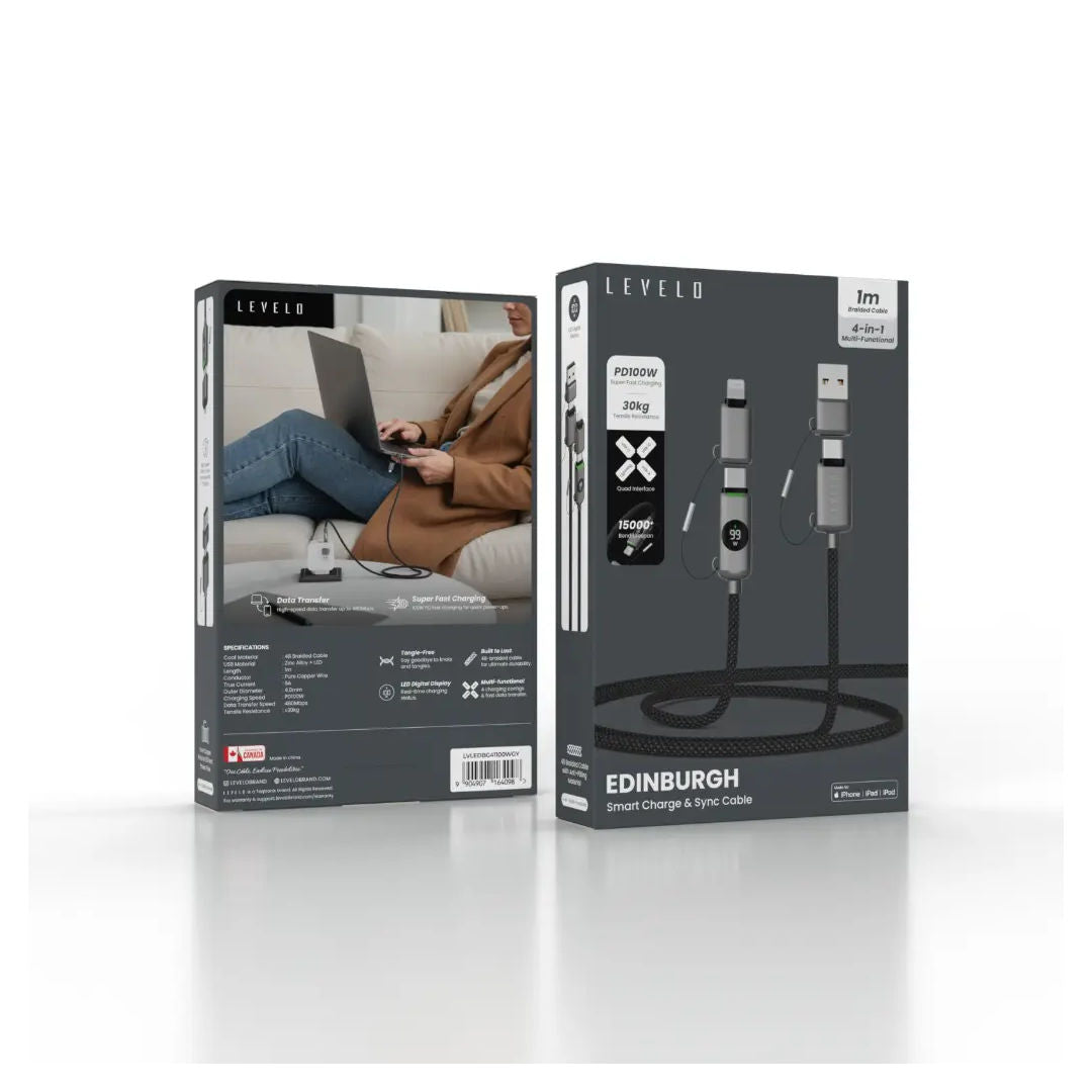 Levelo Edinburgh Smart Charge & Sync Cable 4 in 1 Multi Functional, Gray