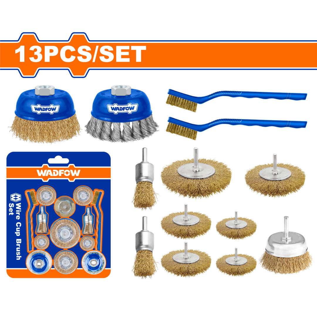 WADFOW 13 Piece Wire Brush Set, Cup, Wheel, Pencil & Hand Brushes, M14 & 1/4″ Shank