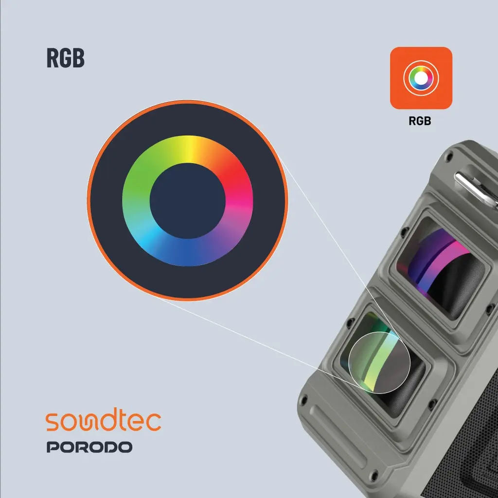 Porodo Soundtec Surge 2.2 Channel Party Speaker 100W, 120W Peak, Bluetooth 5.0, RGB Lights & Power Bank, Black