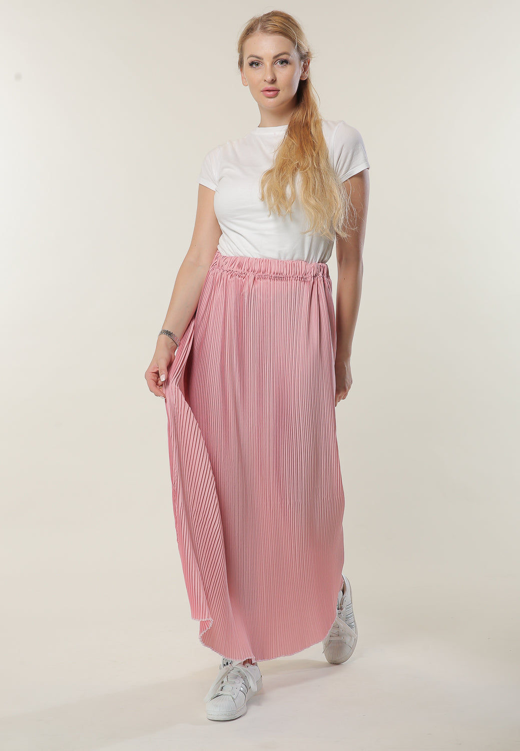 MOiSTREET Long Pleated Pink Skirt