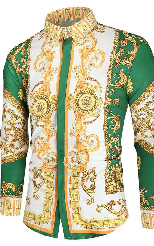 Men Royal Shirt Print Lapel Luxury Slim Shirt Business Long Sleeve Fit Tops For Party Prom