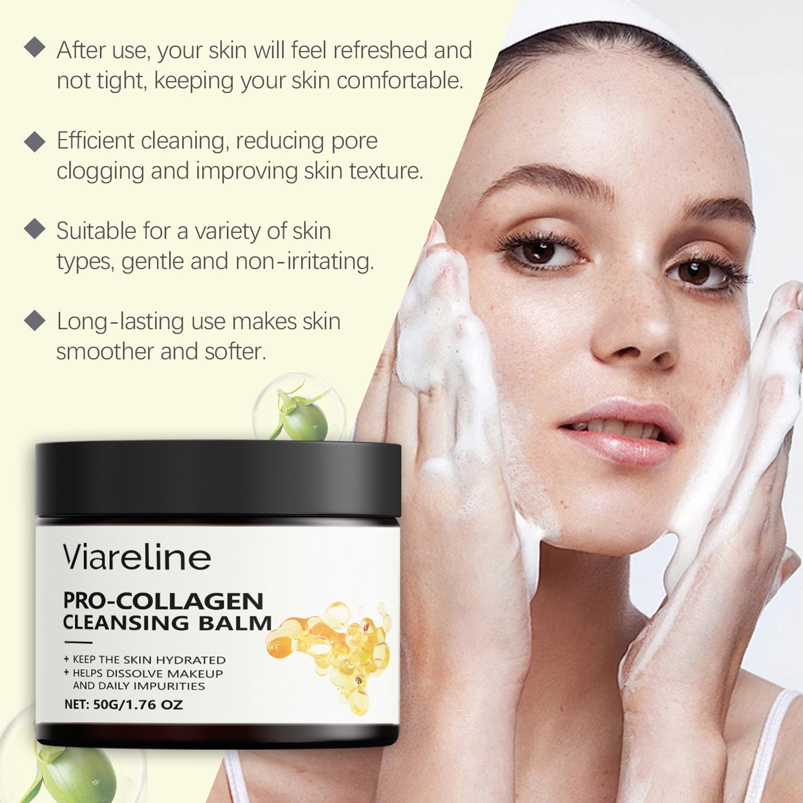 Collagen Facial Cleansing Cream, Gentle Makeup Remover, Brightening, Moisturizing, Skin Elasticity ,50g