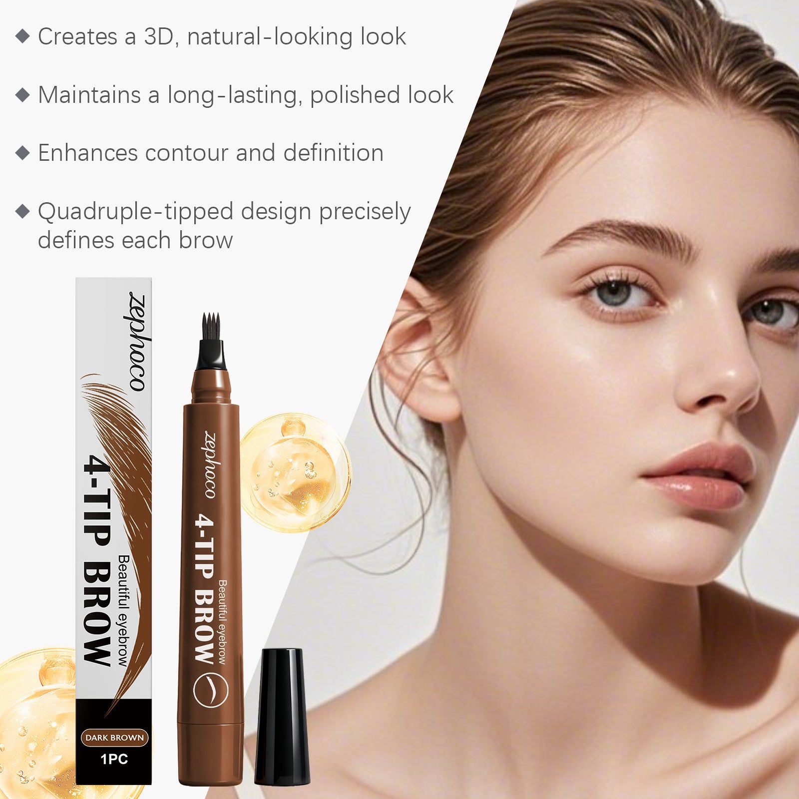 Dark Brown Four-Prong Eyebrow Pencil, Easy to Modify Shape, Natural, Long-Lasting ,1 pc