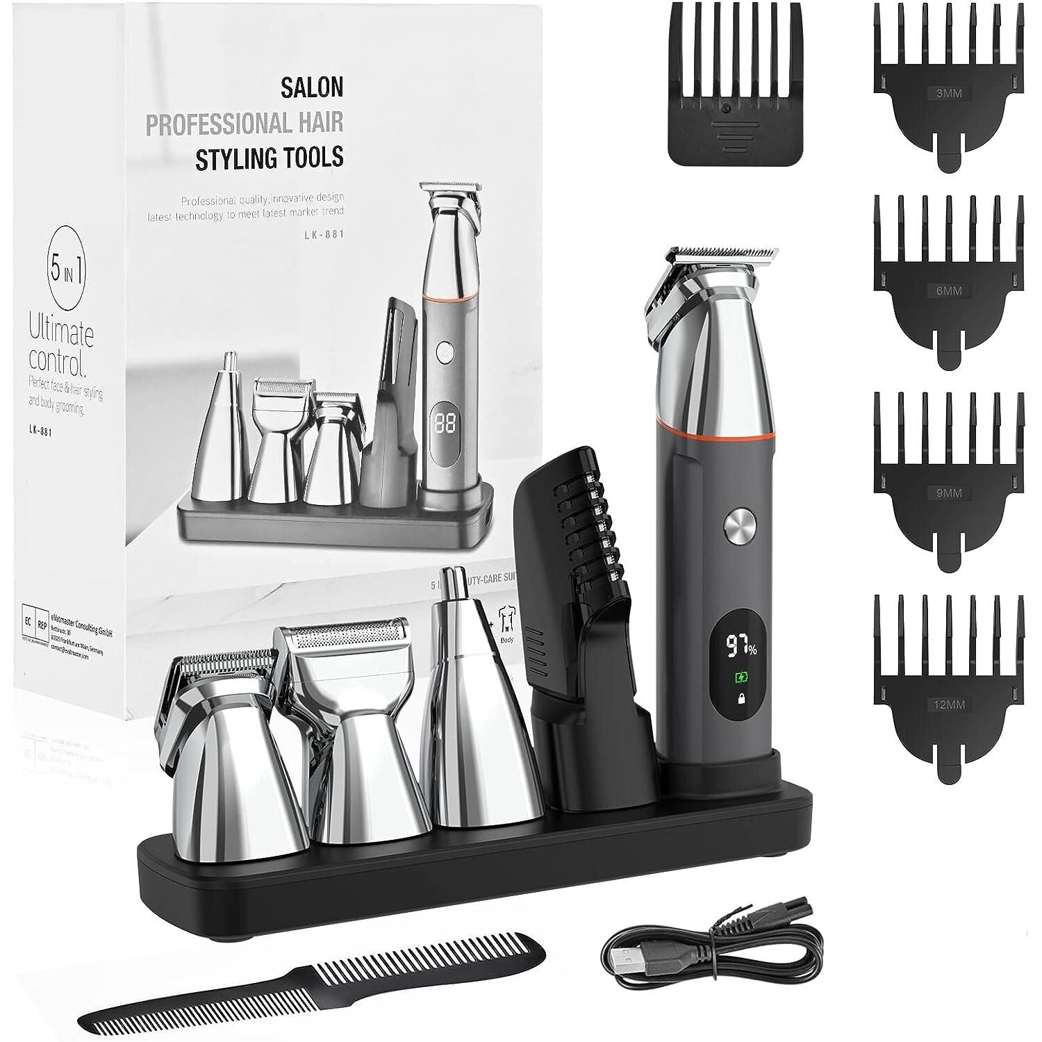 5 in 1 Professional Hair Clippers Cordless Trimmer Beard Cutting Machine Barber
