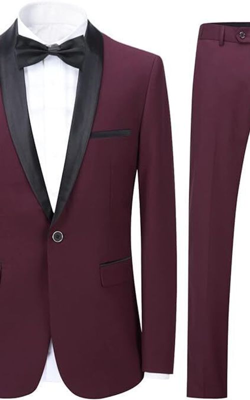 Men's 2 Piece Suit Shawl Lapel Tuxedo One Button Solid Slim Fit Blazer Jacket