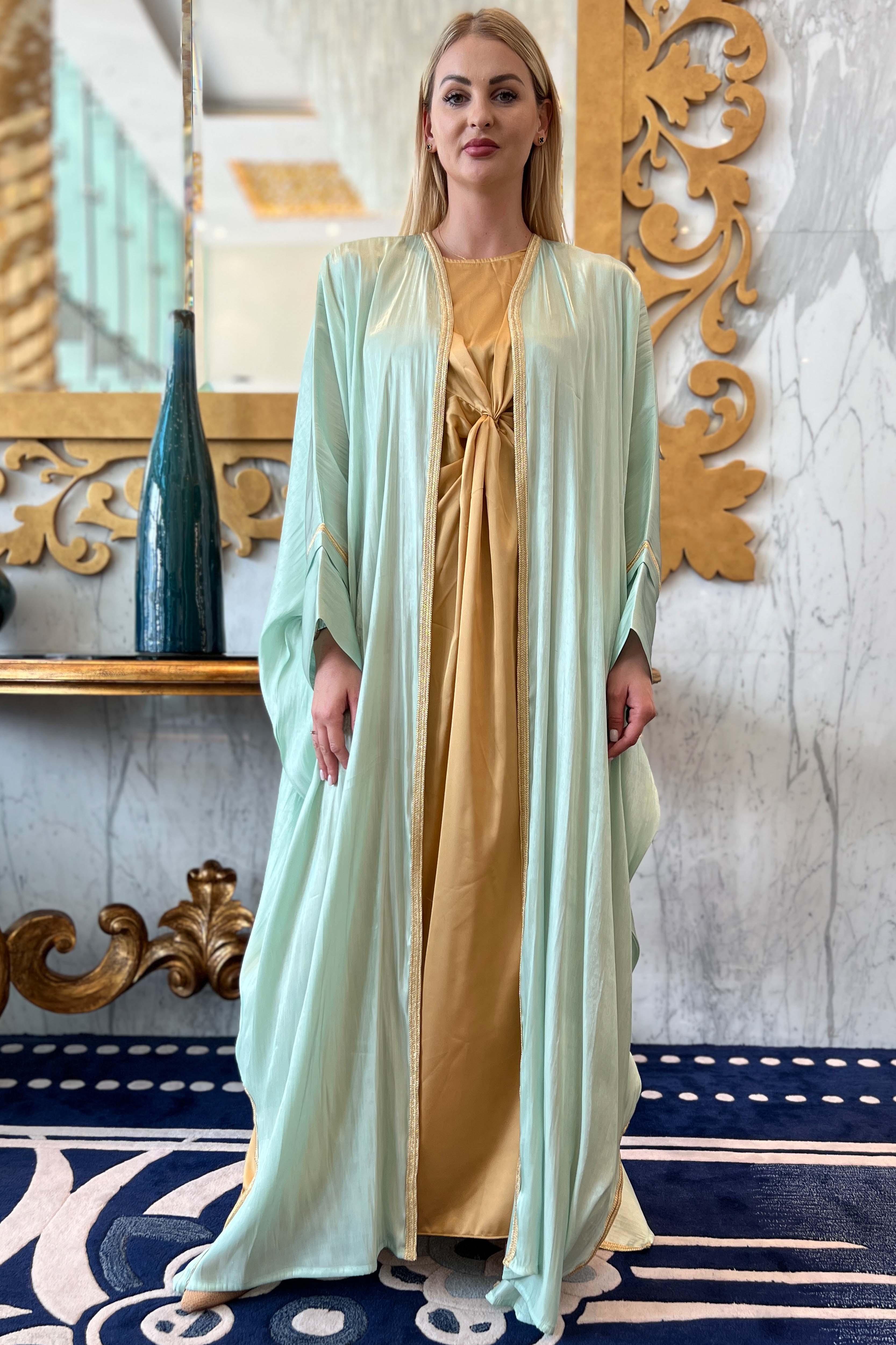 MOiSTREET Green Cyan Rotana Shimmer Bhist Abaya Set