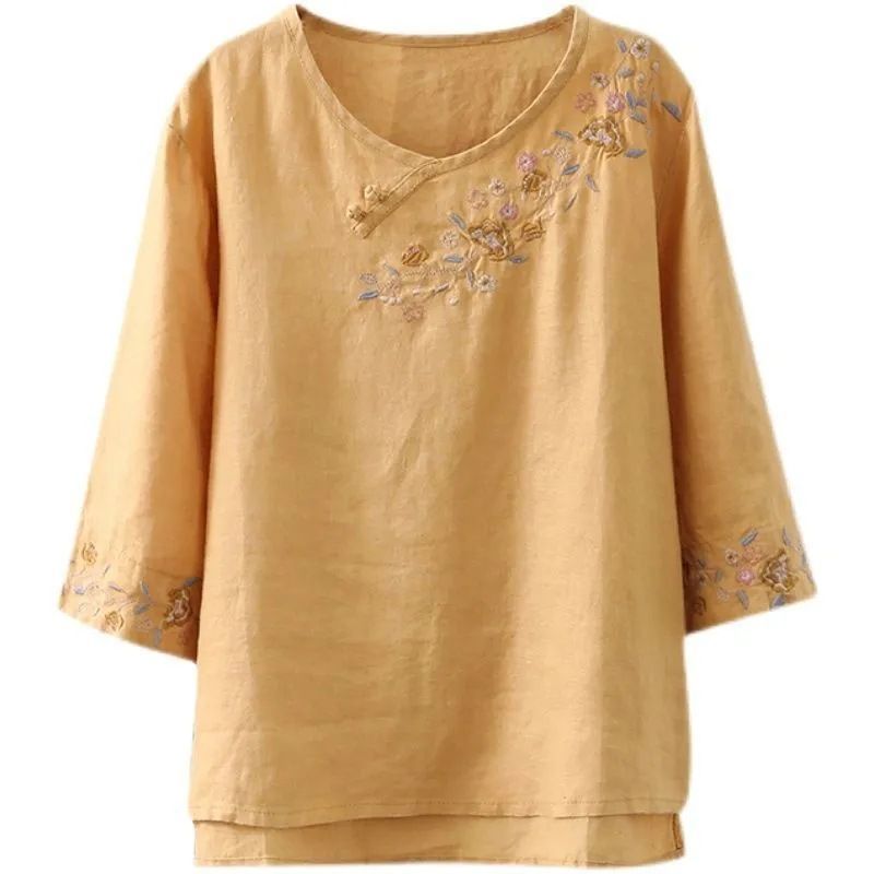 Cotton Linen Embroidered Relaxed Fit Short Sleeve Top For Women