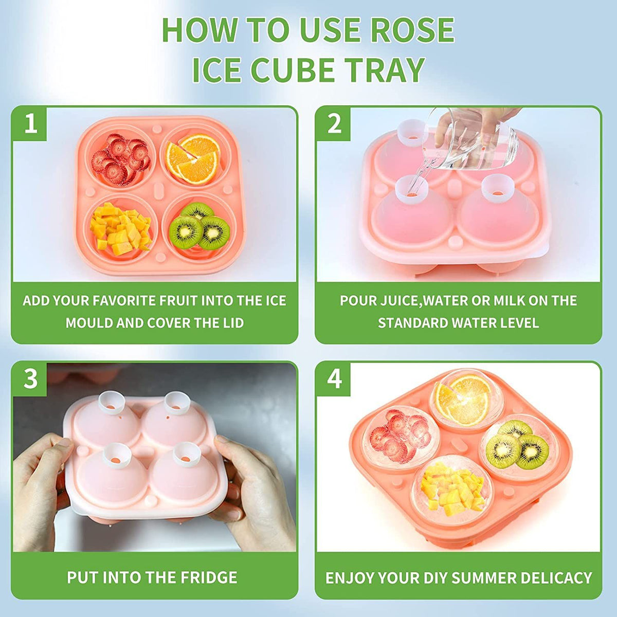 4 Cavity Ice Cube Trays 3D Silicone Rose Ice Tray Mold With Removable Funnel-Shaped Lid