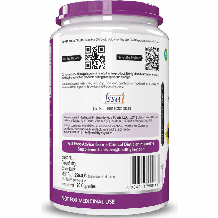 HealthyHey Vitamin E Capsules | Vitamin E for Skin & Hair | Sunflower - D-Alpha-Tocpherol -120 Veg Capsules