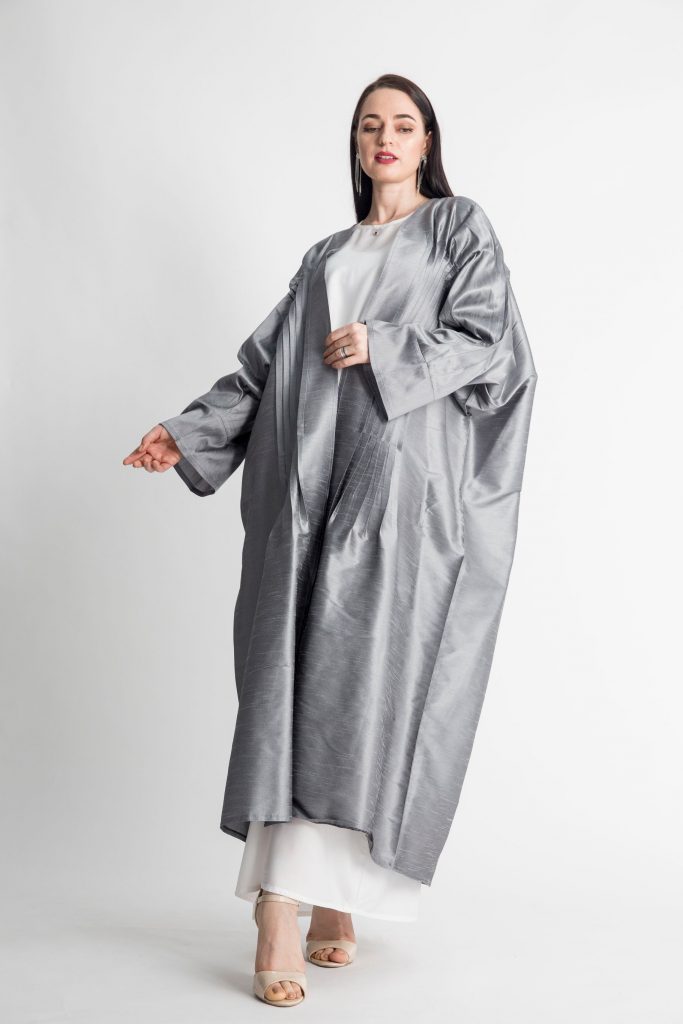 MOiSTREET Metallic Grey Pleated Abaya