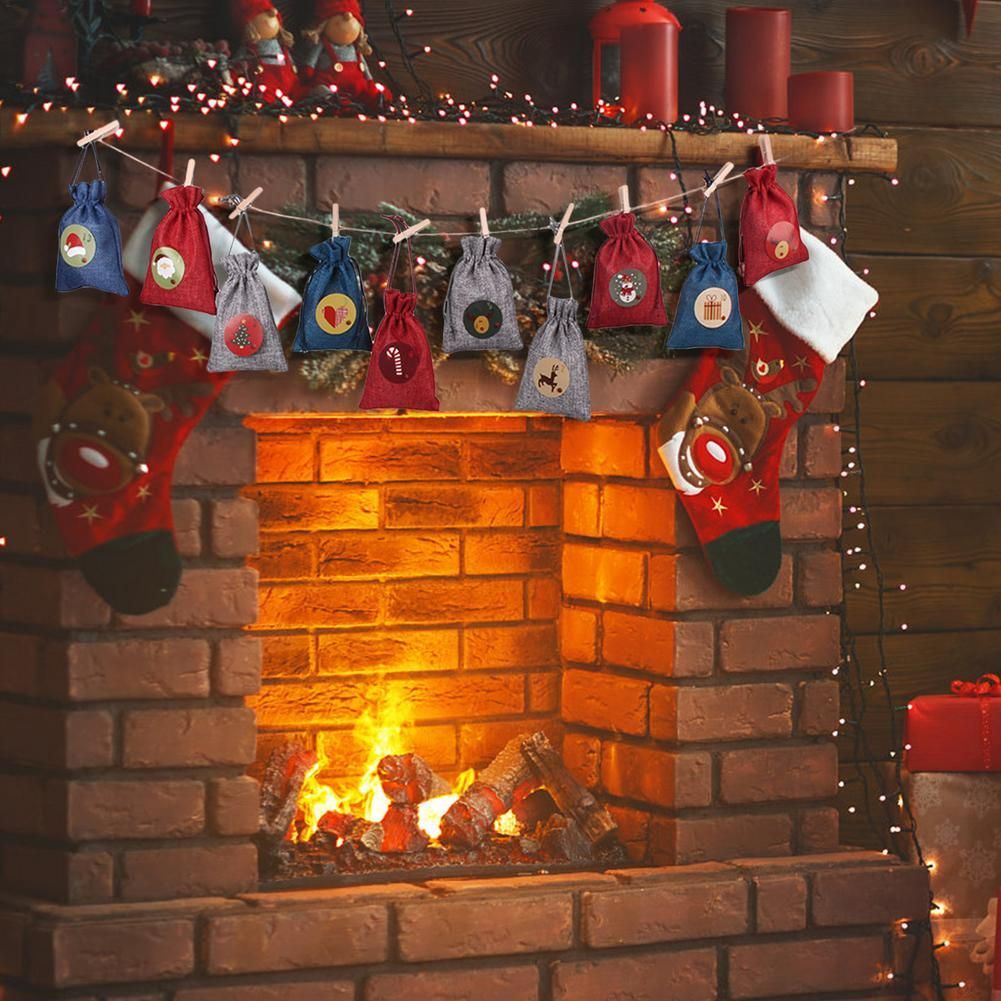 24 Days Advent Calendars Bags Christmas Drawstring Burlap Gift Bag DIY Xmas Decorations
