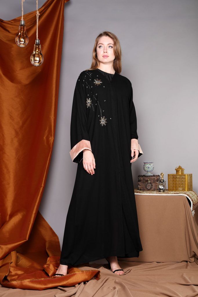 MOiSTREET Golden Embroidery with Contrast Cuffs Abaya