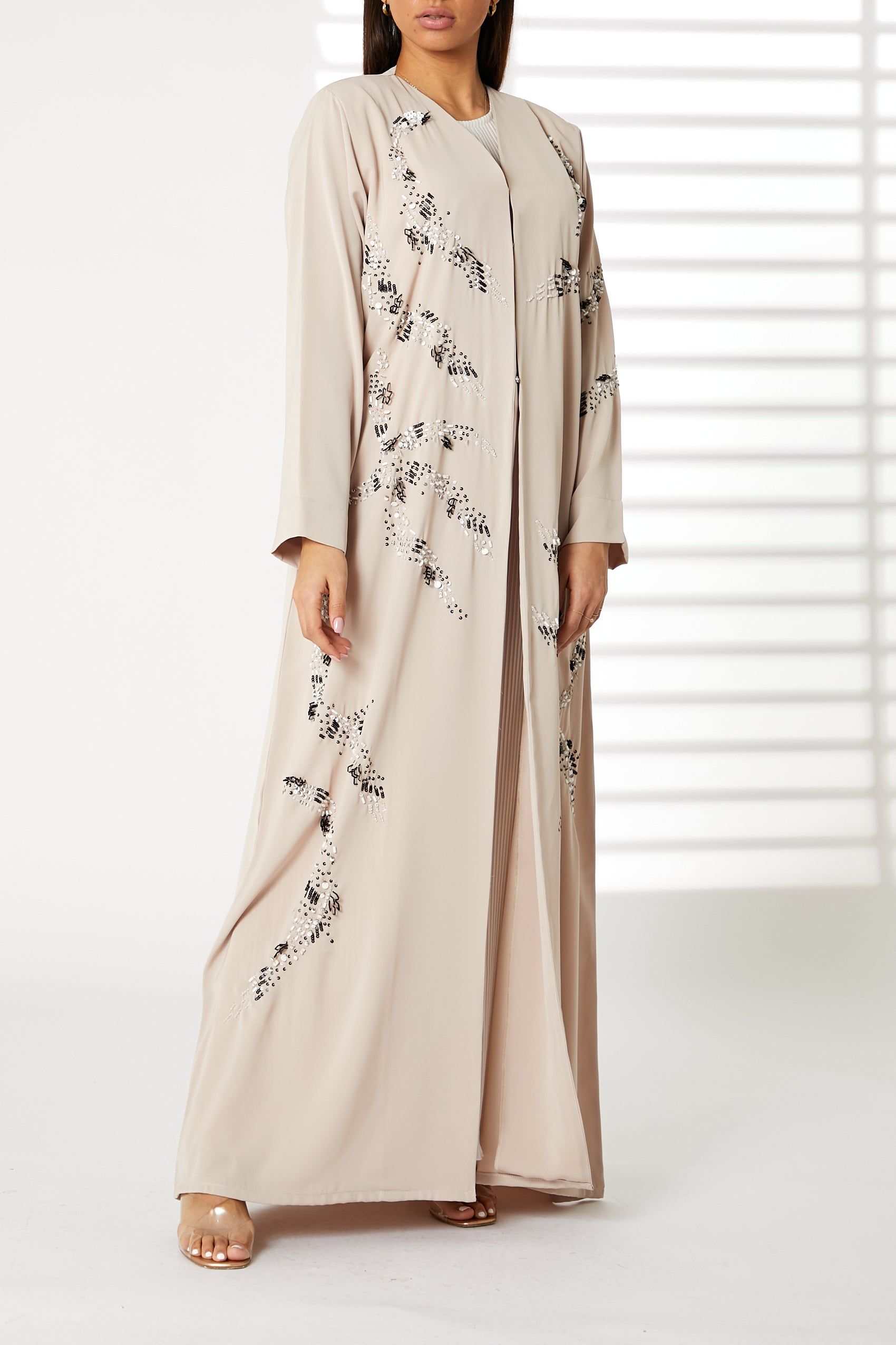MOiSTREET Beige Nida Embroidered Abaya
