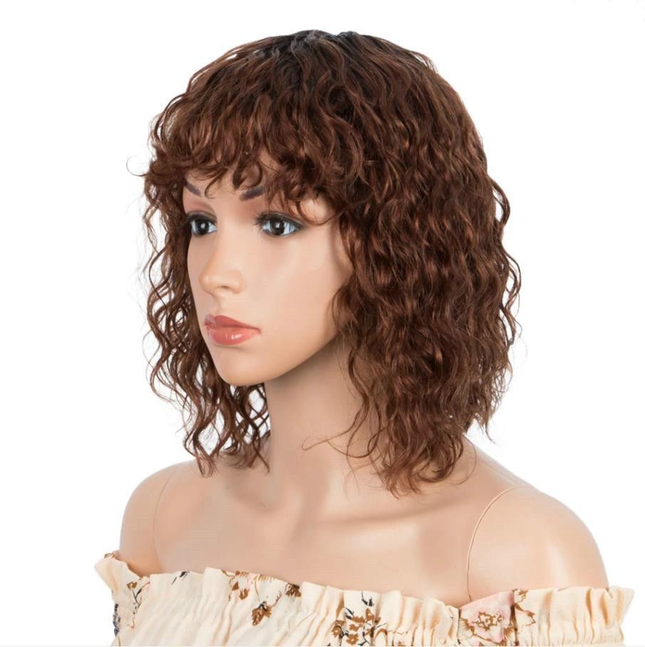 African Short Curly Synthetic Hair Wigs Womens Brazilian Wavy Brown Headgear Wig